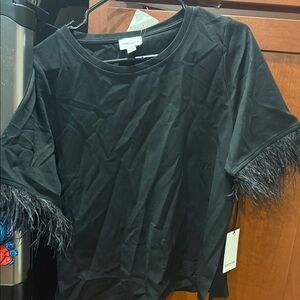 For Cynthia Black Short Sleeve Top with Feather Trim